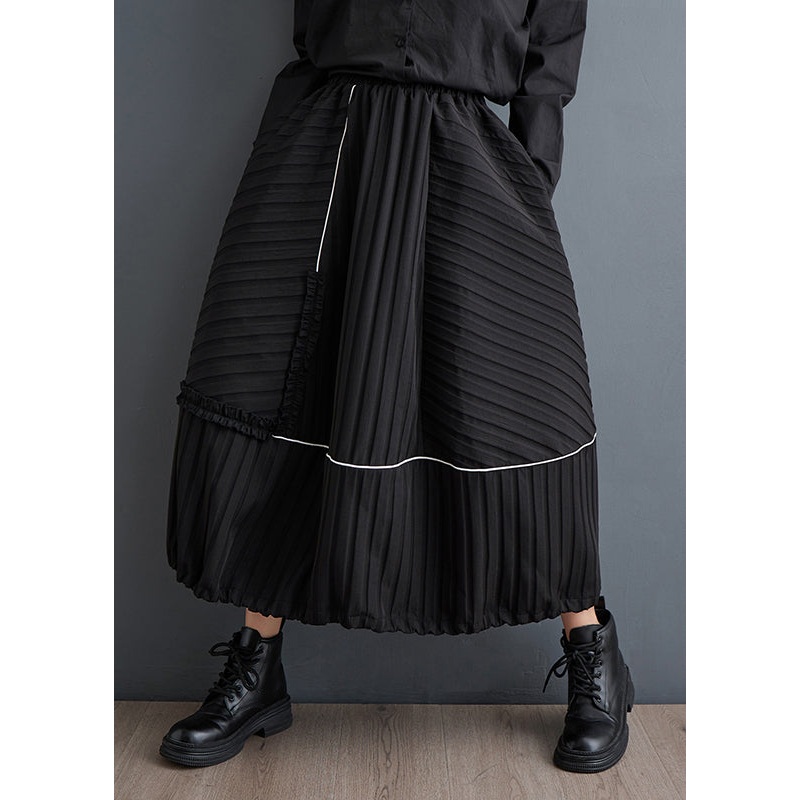 New Black Ruffled Pockets Elastic Waist Cotton Skirts Fall