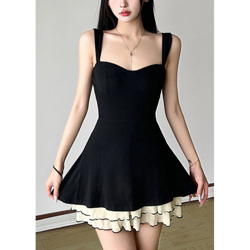 New Black Solid Tulle Patchwork Cotton Spaghetti Strap Dresses Sleeveless