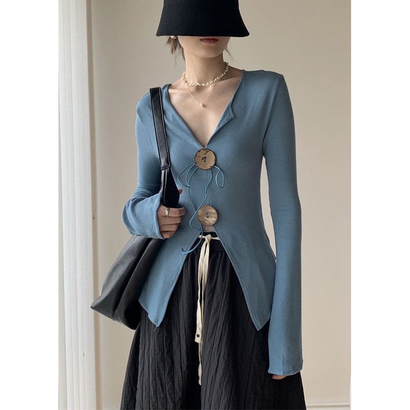 New Blue V Neck Solid Knitting Cotton Tops Fall
