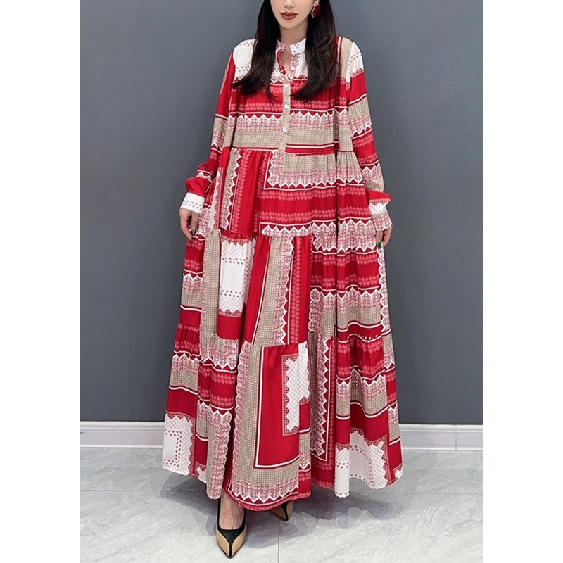 New Colorblock Button Print Patchwork Cotton Long Dresses Spring