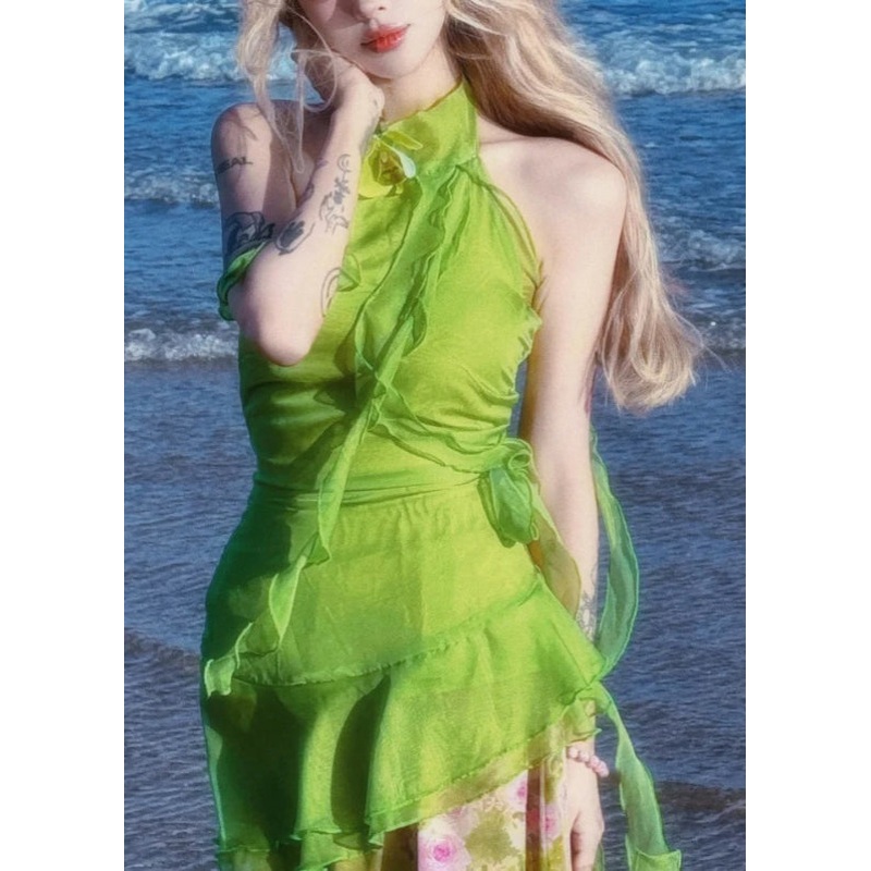 New Green Cold Shoulder Ruffled Cotton Tank Sleeveless