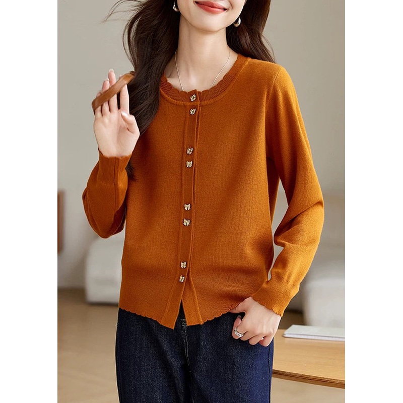 New Orange O Neck Button Cozy Wool Knit Coat Fall