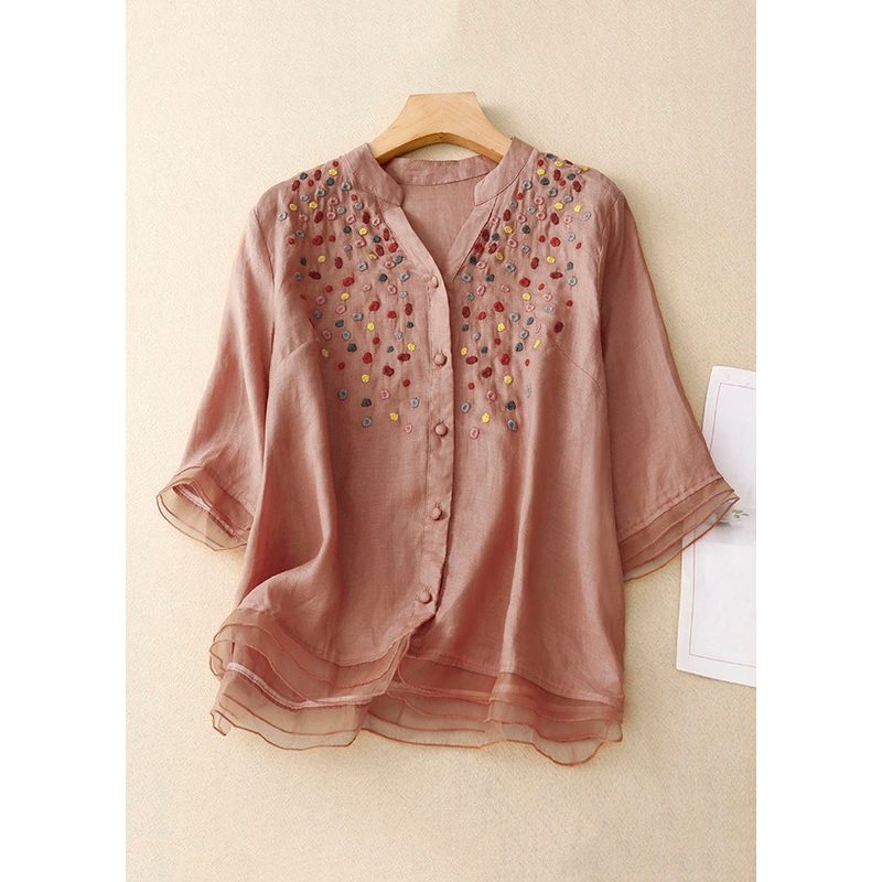 New Pink V Neck Embroideried Button Cotton Top Spring