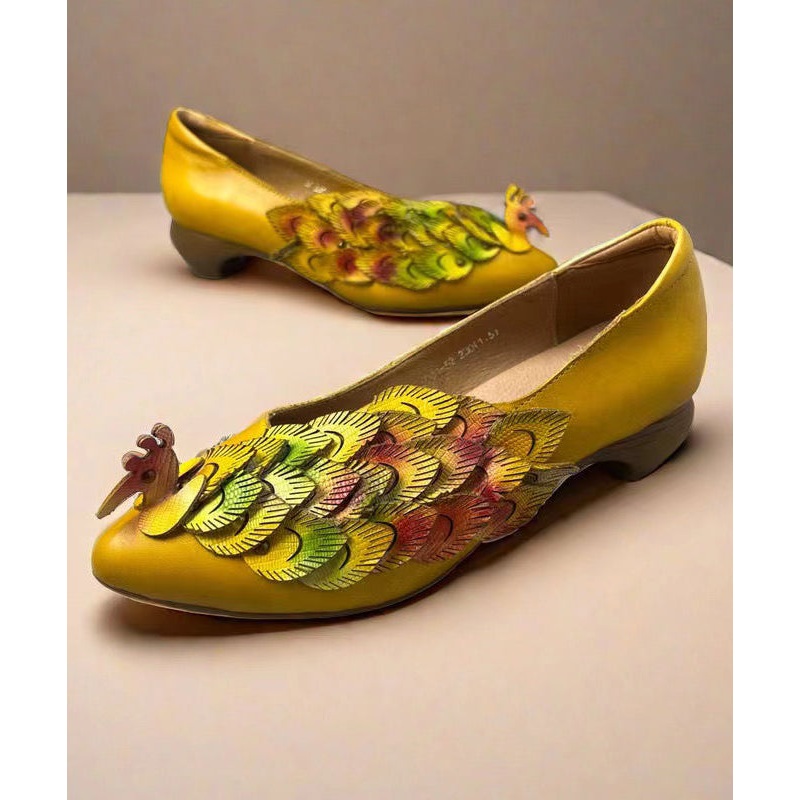 New Retro Ethnic Style Yellow Pointed Toe Cowhide Leather Shoes
