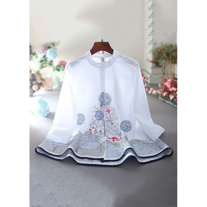 New White Embroidered Button Cotton Shirt Bracelet Sleeve