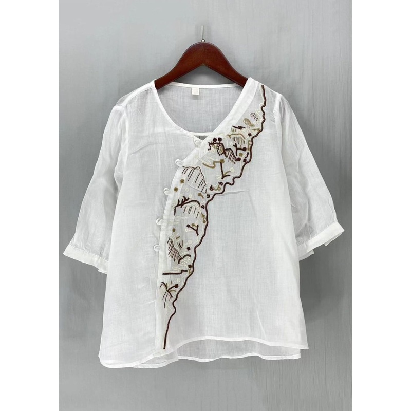 New White Embroideried Button Side Open Linen Shirt Half Sleeve