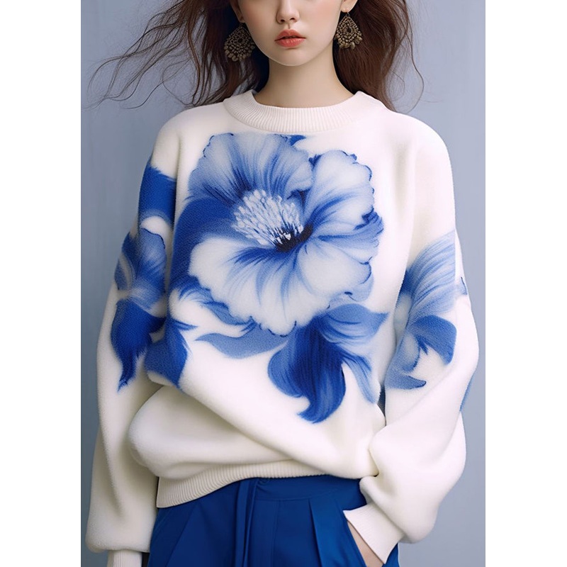 New White O Neck Print Cozy Knit Sweaters Fall