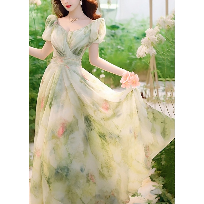 Novelty Green Print High Waist Chiffon Long Dresses Summer