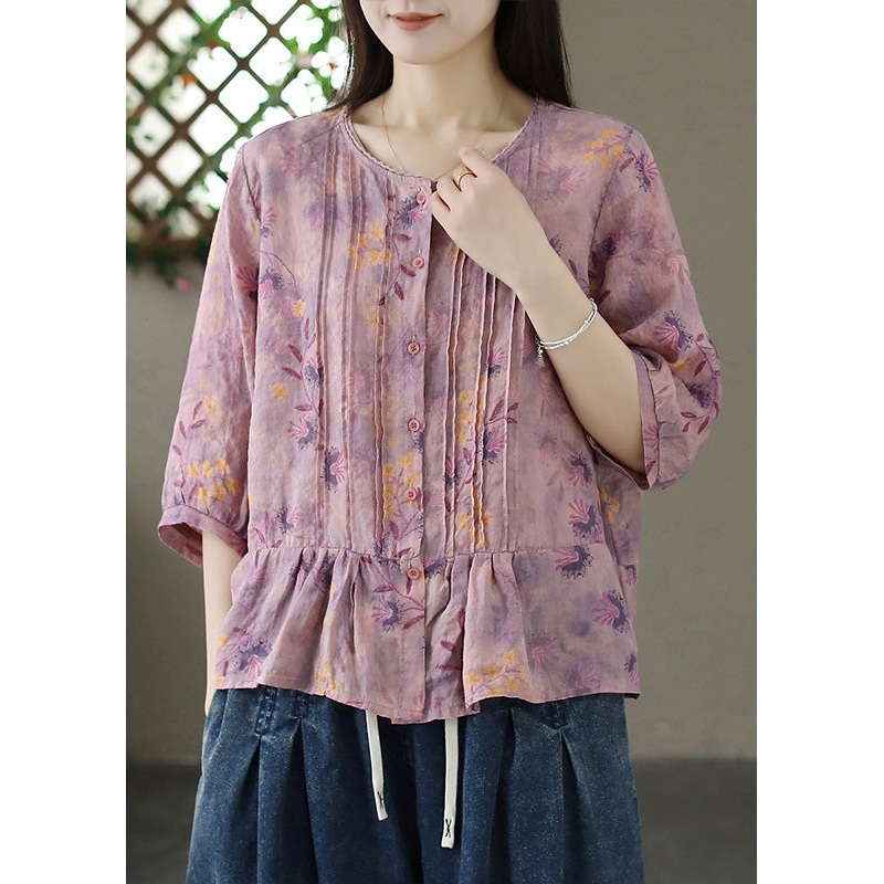 Organic Purple O-Neck Print Wrinkled Linen Shirt Summer