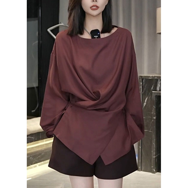 Organic Rust O Neck Front Open Cotton Shirts Top Fall