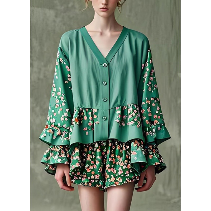 Original Design Green V Neck Print Cotton Two Pieces Set Petal Sleeve
