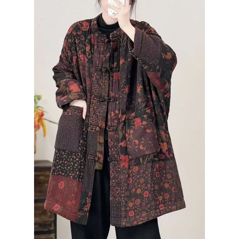 Plus Size Black Pockets Print Oriental Button Fine Cotton Filled Coat Winter