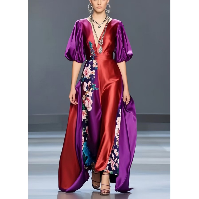 Polychrome Floral Print Silk Maxi Dresses Asymmetrical Design Lantern Sleeve