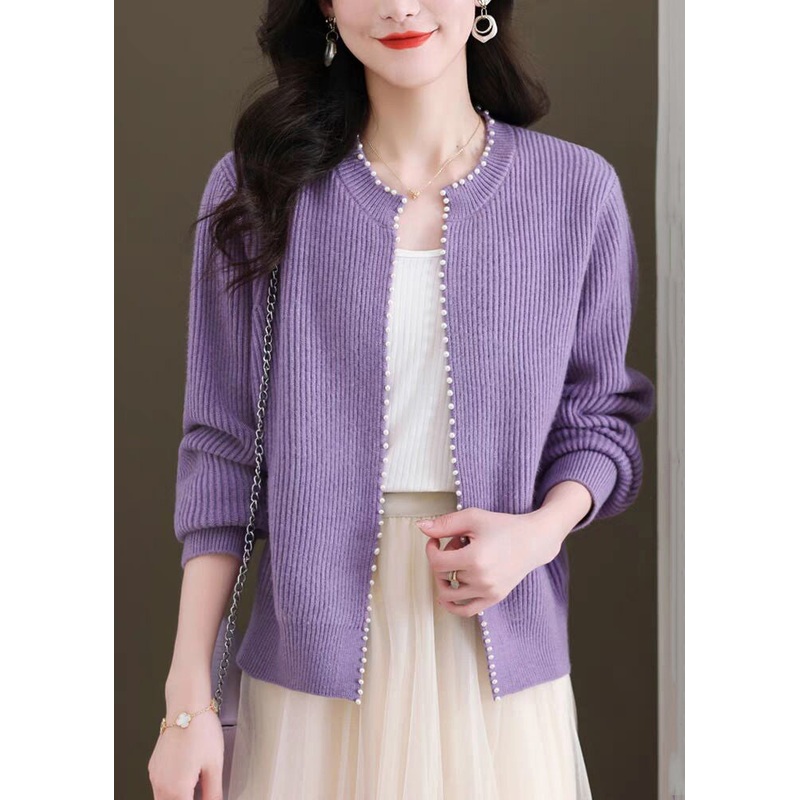 Purple Nail Bead Solid Knit Fall Cardigan O Neck