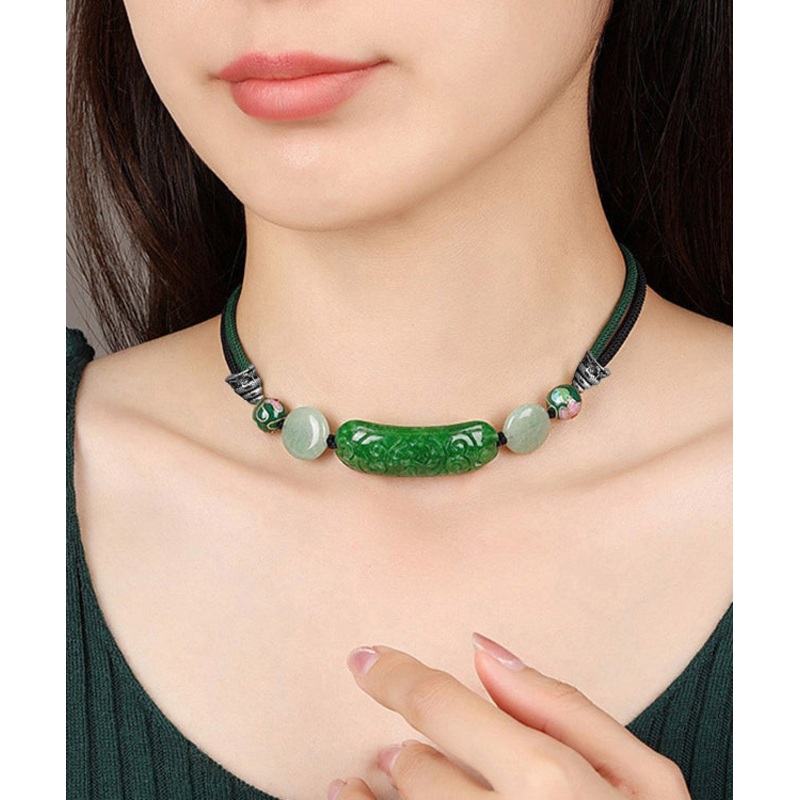 Retro Black Jade Agate Cloisonne Dry Green Adjustable Tassel Charm Bracelet