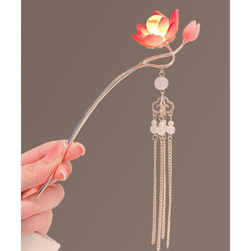 Retro Red Alloy Coloured Glaze Lotus Flower Palace Lantern Hairpin