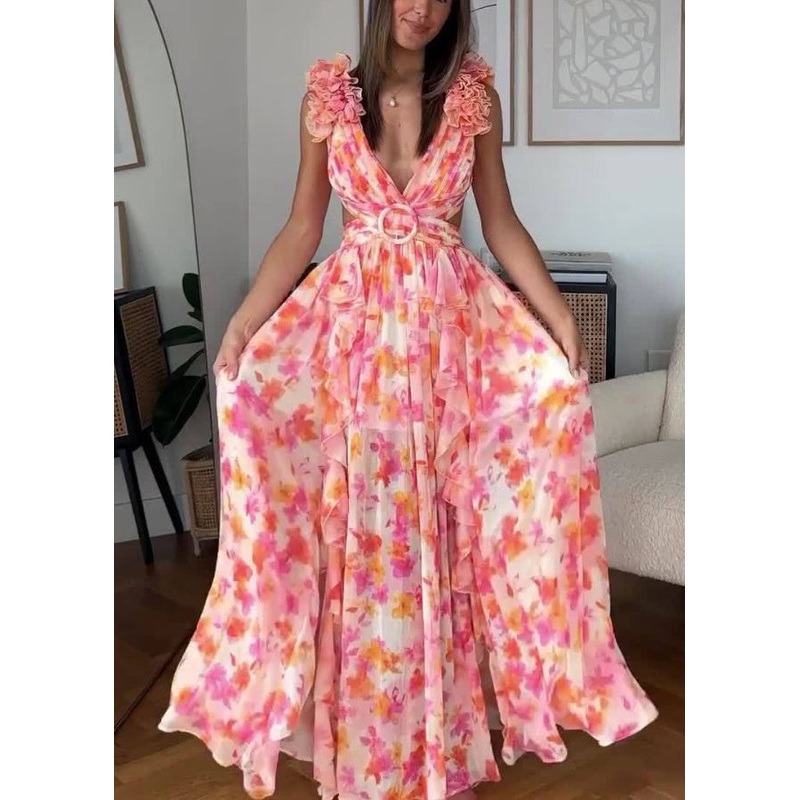Sexy Pink Ruffled Print Lace Up Cotton Maxi Dress Sleeveless