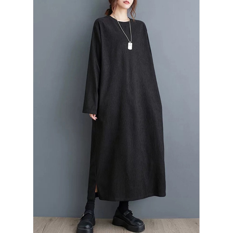 Simple Black O Neck Plus Size Cotton Long Dress Fall