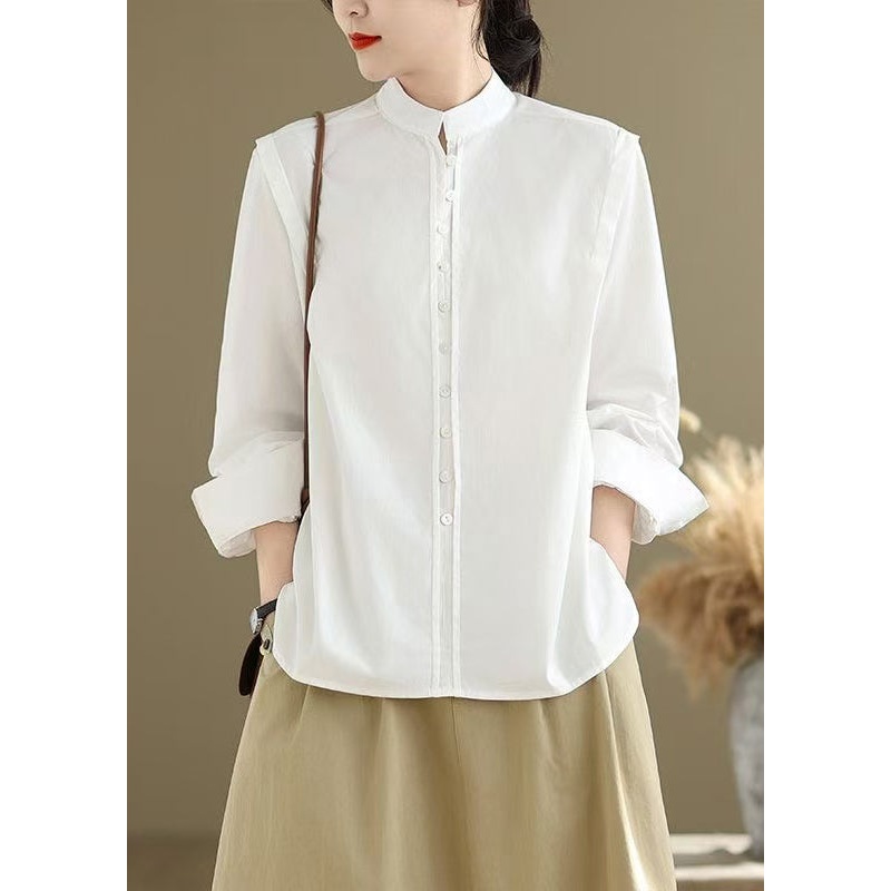 Simple White Stand Collar Button Solid Cotton Shirts Spring