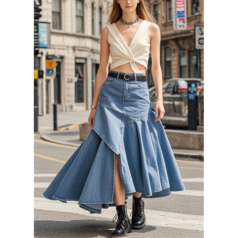 Style Blue Asymmetrical Patchwork Denim Vacation Skirts Spring