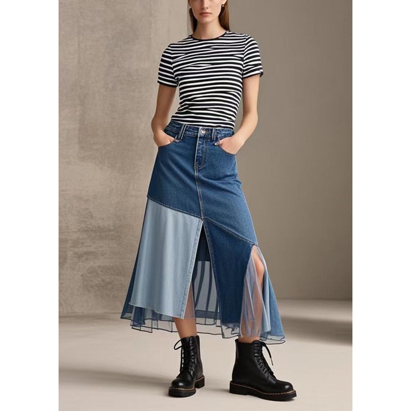 Style Blue Silm Fit Patchwork Side Open Denim Skirts Spring