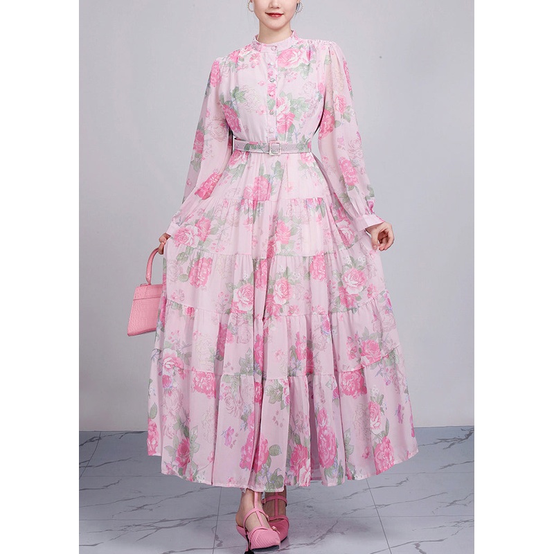 Style Pink Stand Collar Print Cotton Party Dress Long Sleeve