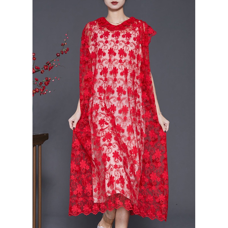 Style Red Ruffled Embroidered Hollow Out Tulle Dress Summer
