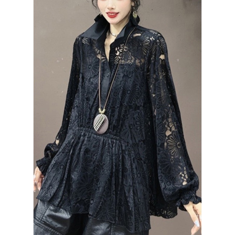 Stylish Black Peter Pan Collar Wrinkled Patchwork Lace Blouses Fall