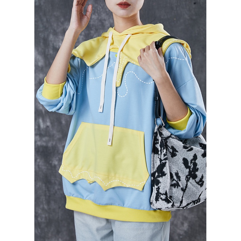 Stylish Blue Hooded Patchwork Cotton Sweatshirts Top Spring