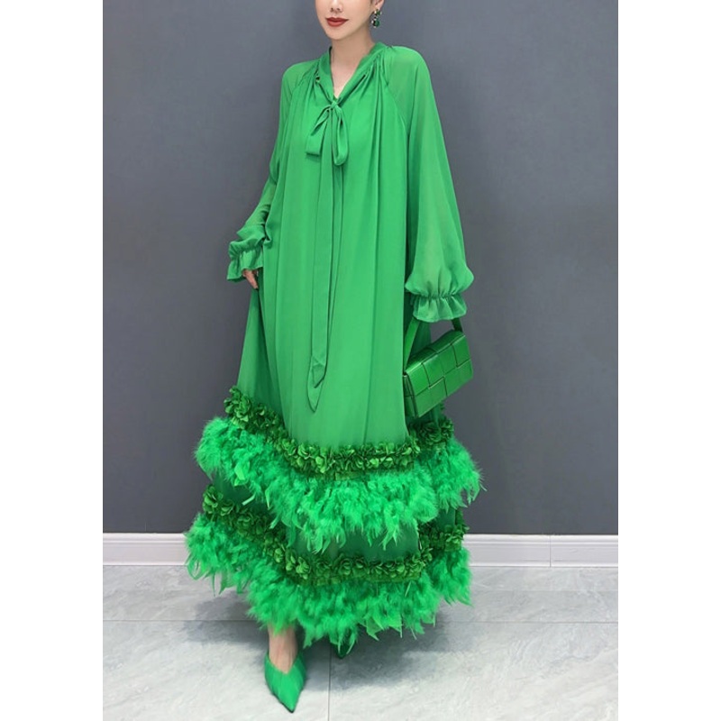 Stylish Green Feather Lace Up Patchwork Chiffon Maxi Dress Long Sleeve