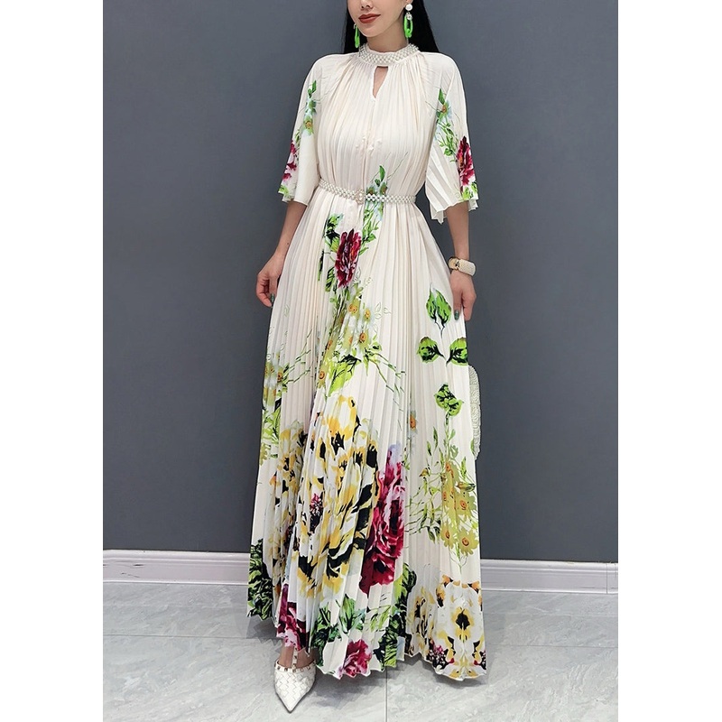 Stylish White Stand Collar Print Maxi Dresses Half Sleeve