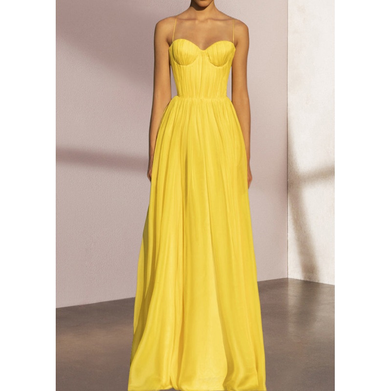 Stylish Yellow Backless Strapless Silk Spaghetti Strap Summer