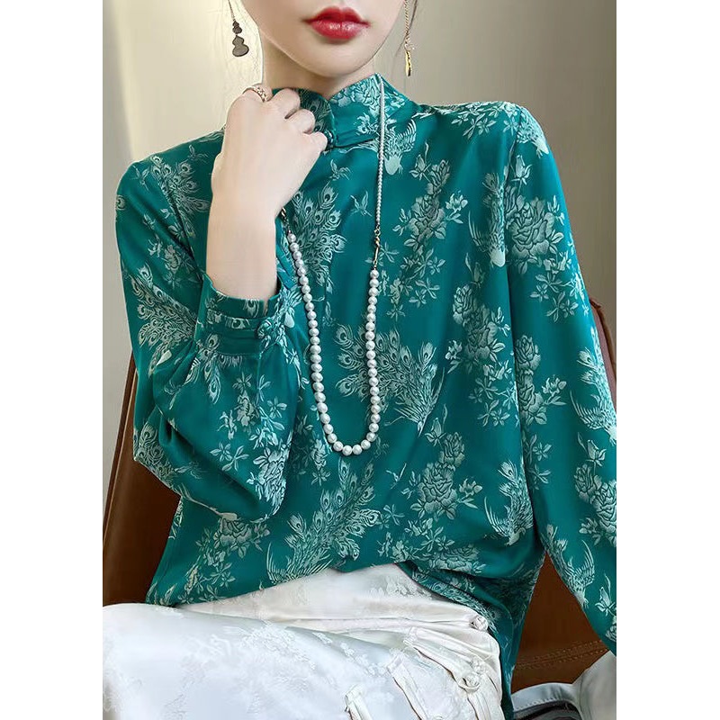 Turquoise Print Silk Shirt Stand Collar Fall