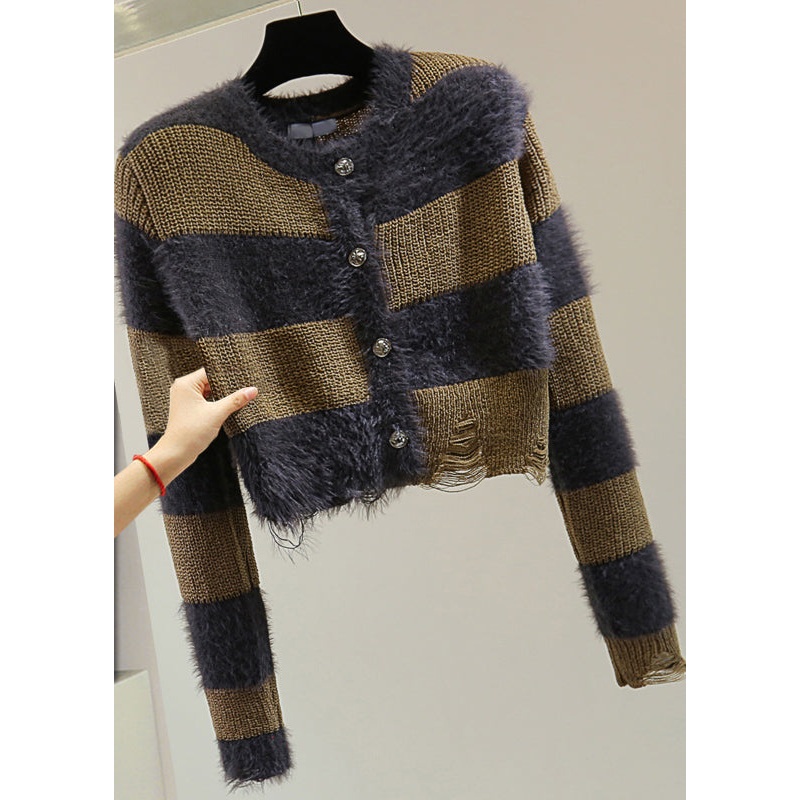 Unique Coffee O-Neck Striped Hole Ma Hai Mao Cotton Knit Sweater Winter