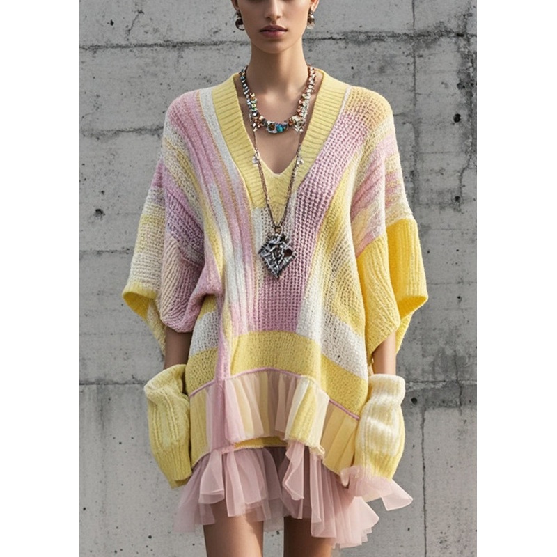 Unique Multicolor Oversized Patchwork Tulle Knit Sweater Dress Fall