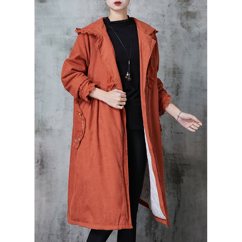 Unique Orange Embroidered Patchwork Lace Fine Cotton Filled Trench Spring