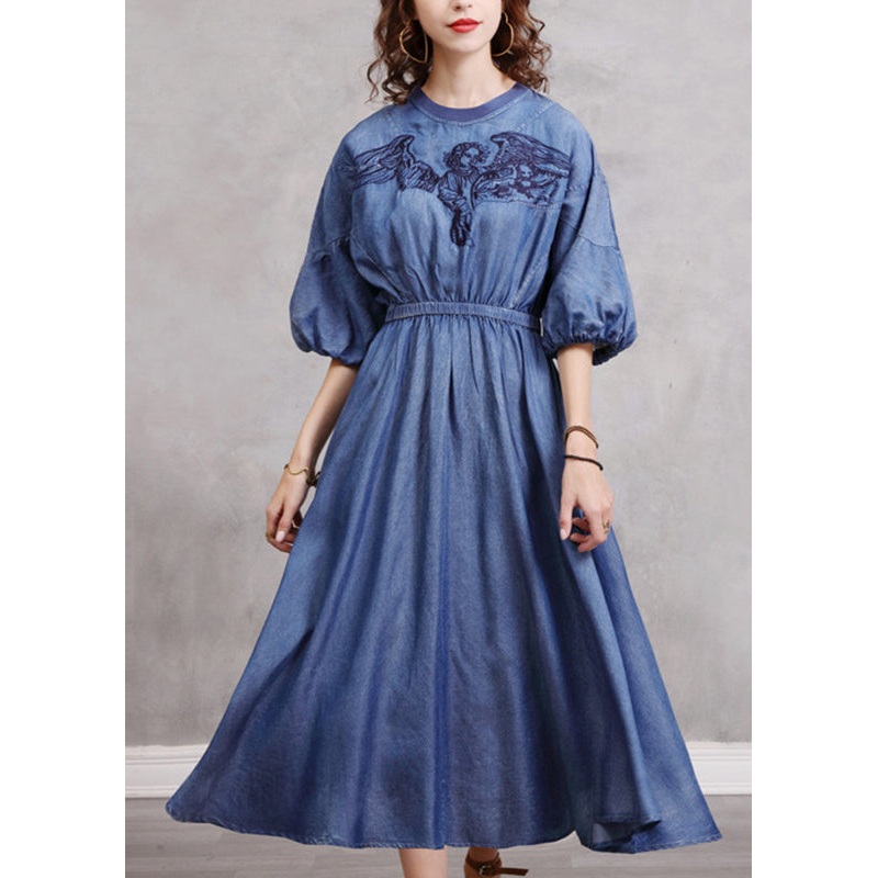 Vintage Blue Embroidered Elastic Waist Long Denim Dress Lantern Sleeve