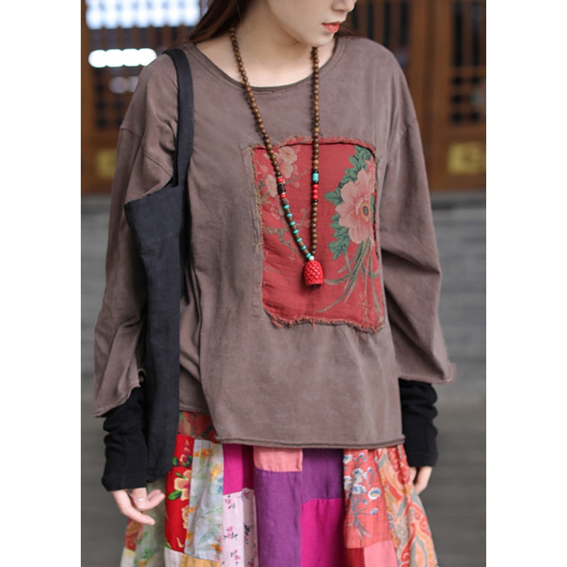 Vintage Coffee O-Neck Appliques Top Long Sleeve