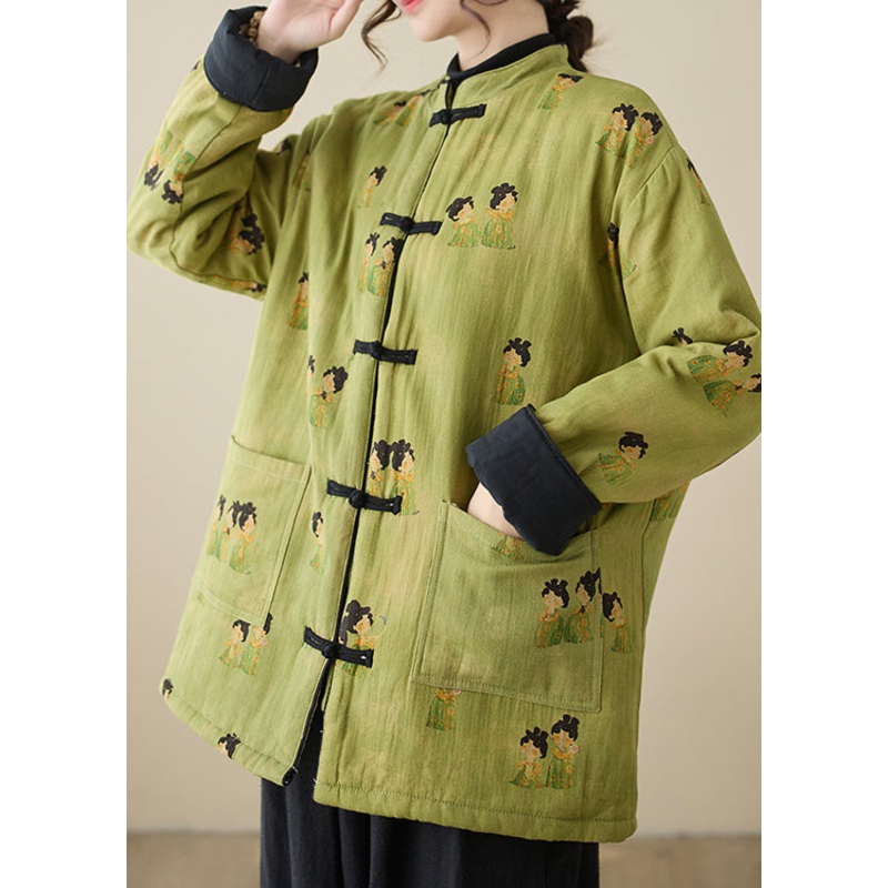Vintage Green Stand Collar Print Pockets Parkas Winter