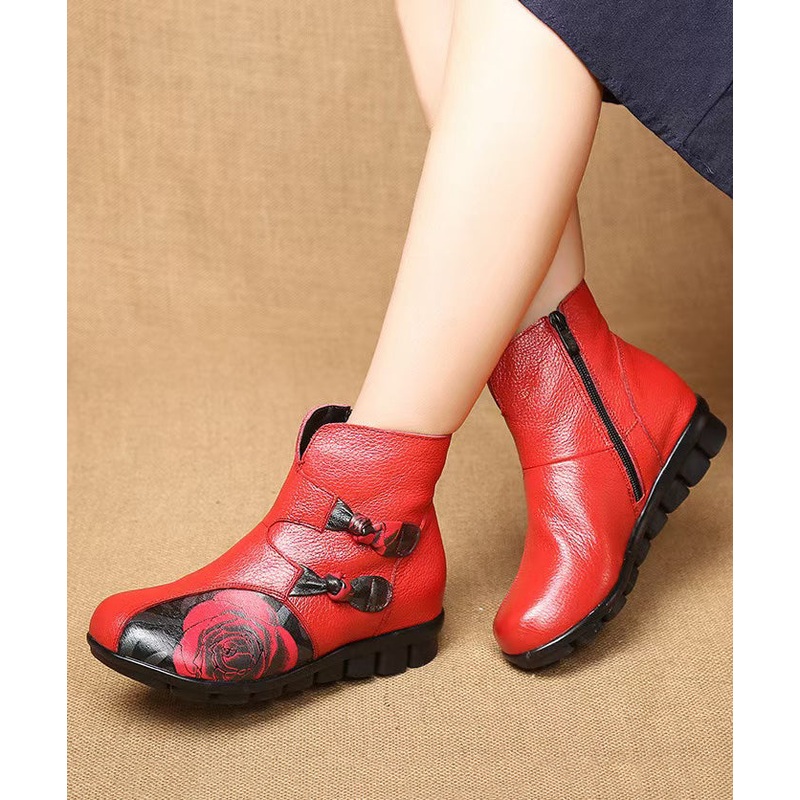 Vintage Splicing Ankle Boots Red Print Cowhide Leather