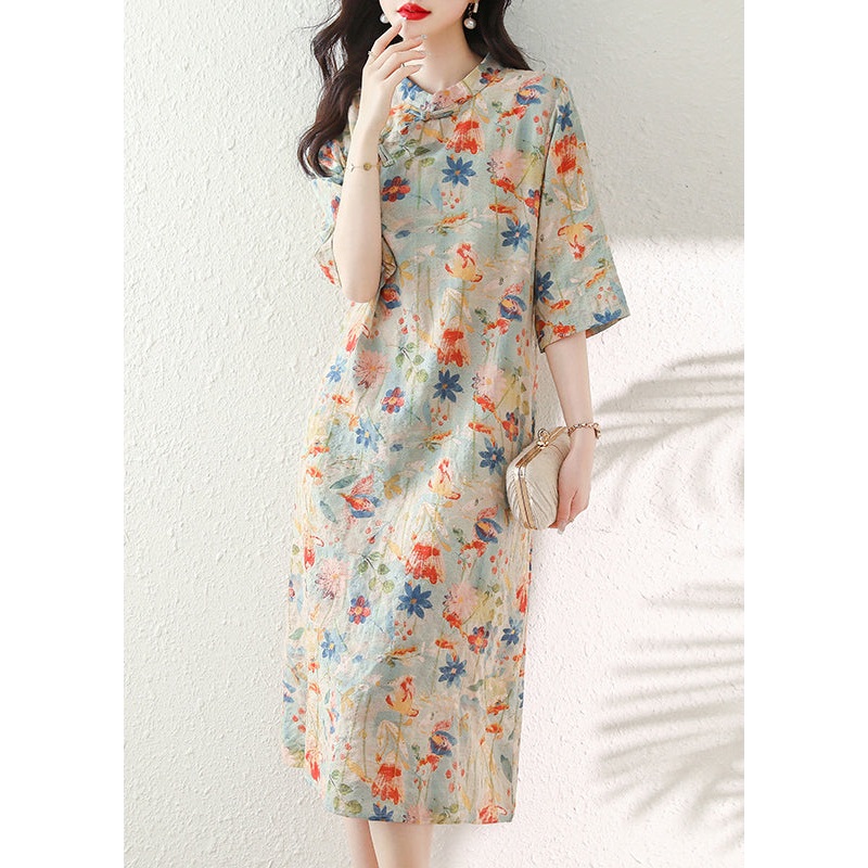 Vintage Stand Collar Print Chinese Button Cotton Dress Summer