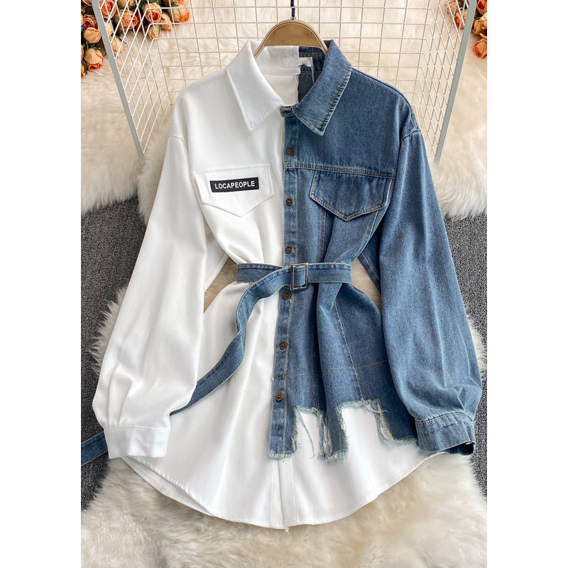 White Asymmetrical Tie Waist Denim Shirt Long Sleeve