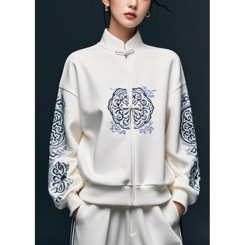 White Print Women Cotton Pullover Sweatshirt Stand Collar Fall