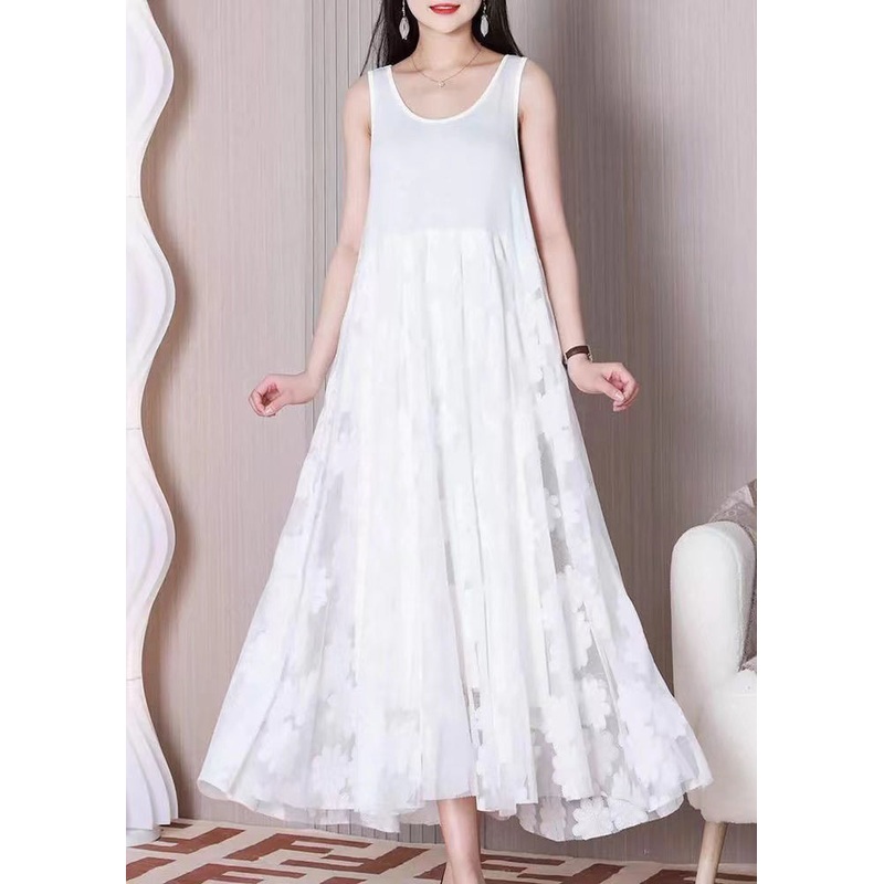 White Tulle Patchwork Cotton Dresses O Neck Summer
