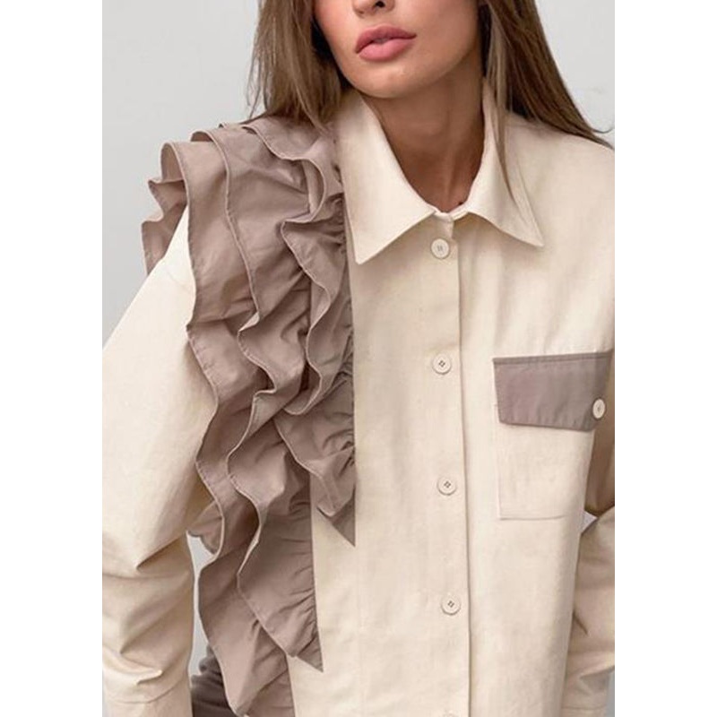Women Apricot Ruffled Peter Pan Collar Ruffled Patchwork Shirt Spring
