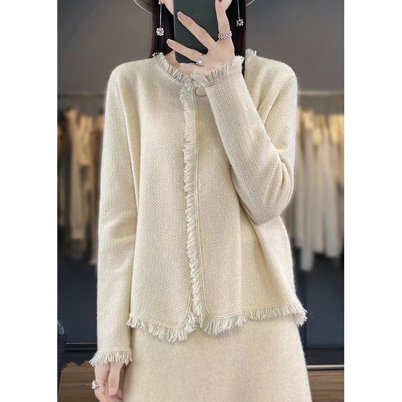 Women Beige Solid Button Knit Cotton Cardigans Spring