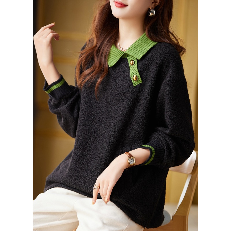 Women Black Peter Pan Collar Faux Fur Pullover Sweatshirt Fall