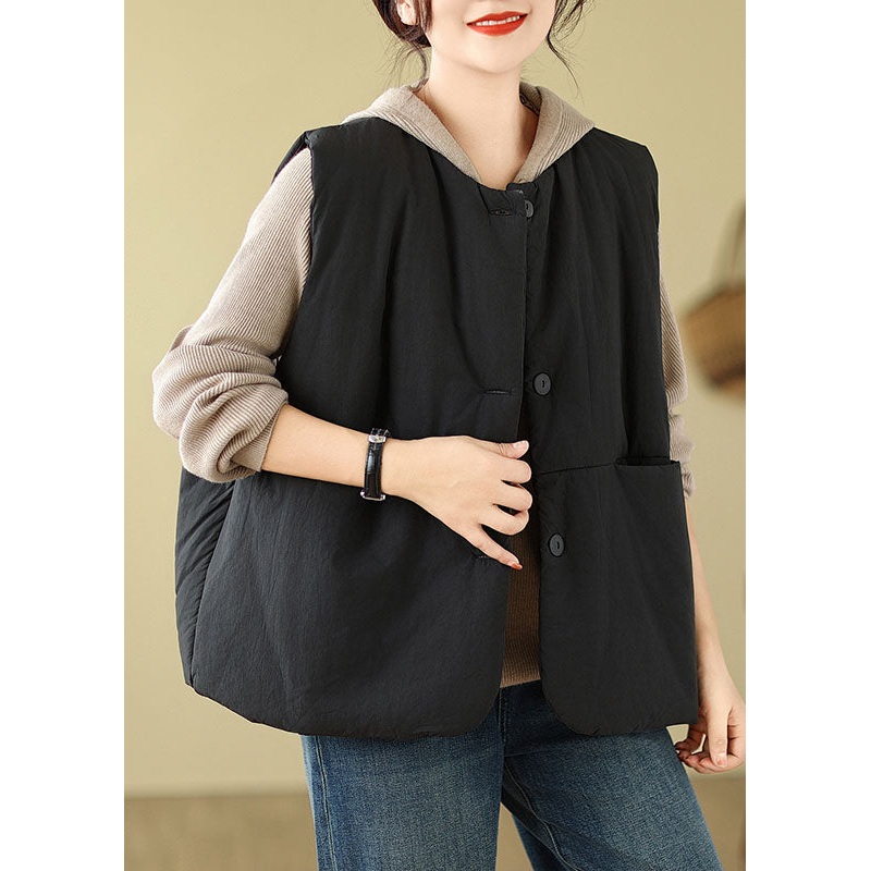 Women Black Pockets Patchwork Button Hooded Jacket Waistcoat Winter