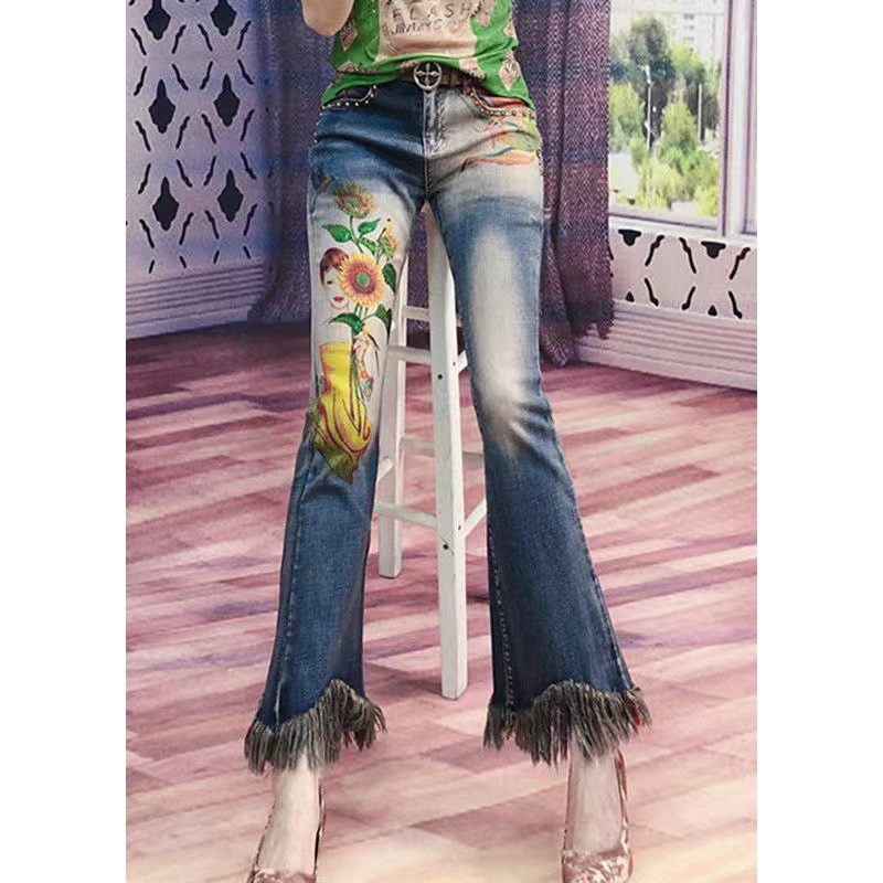 Women Blue Tasseled Pockets Print Denim Flare Bottoms Spring