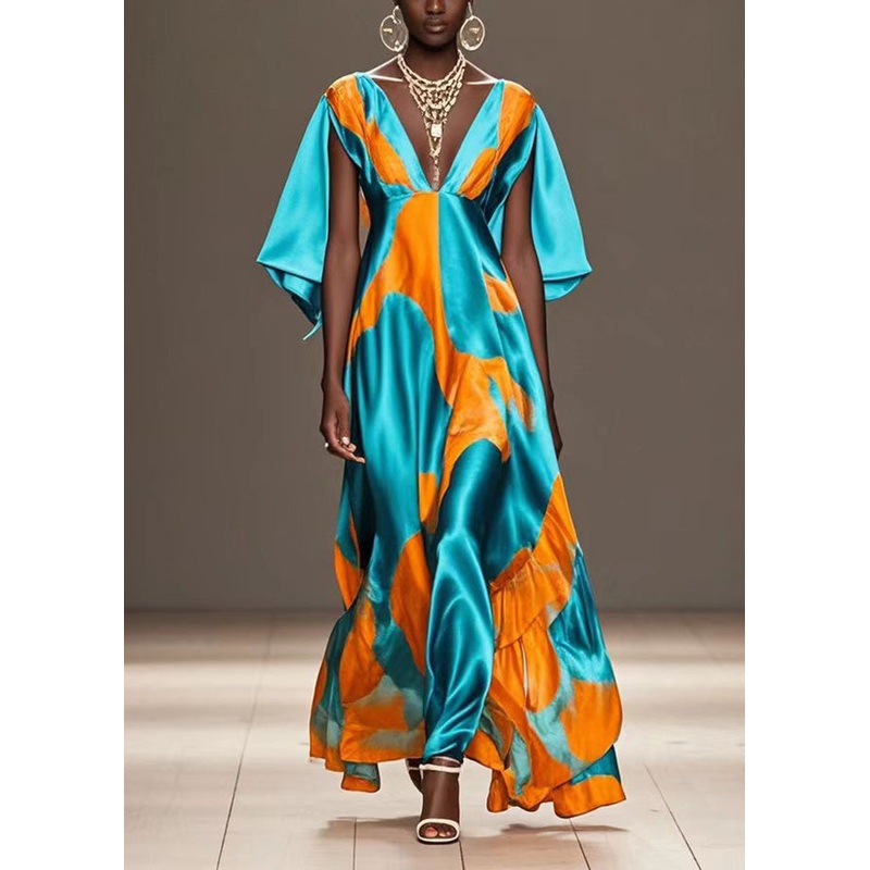 Women Green V Neck Print Silk Holiday Dress Cloak Sleeves